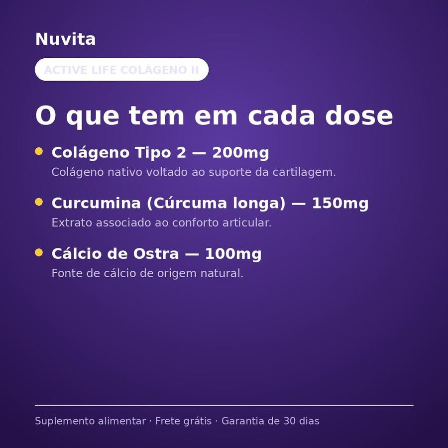 Composição do Active Life: colágeno tipo 2 200mg, curcumina 150mg e cálcio de ostra 100mg