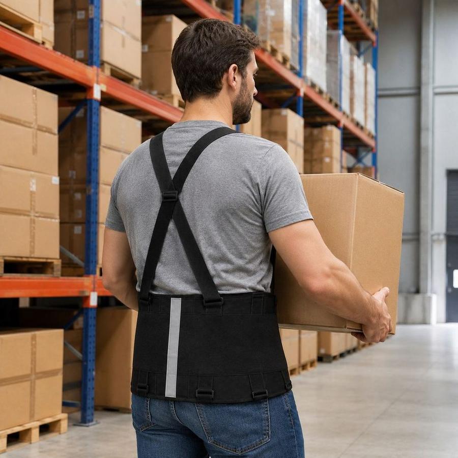 Cinta lombar de suporte Nuvita em uso no trabalho e no treino