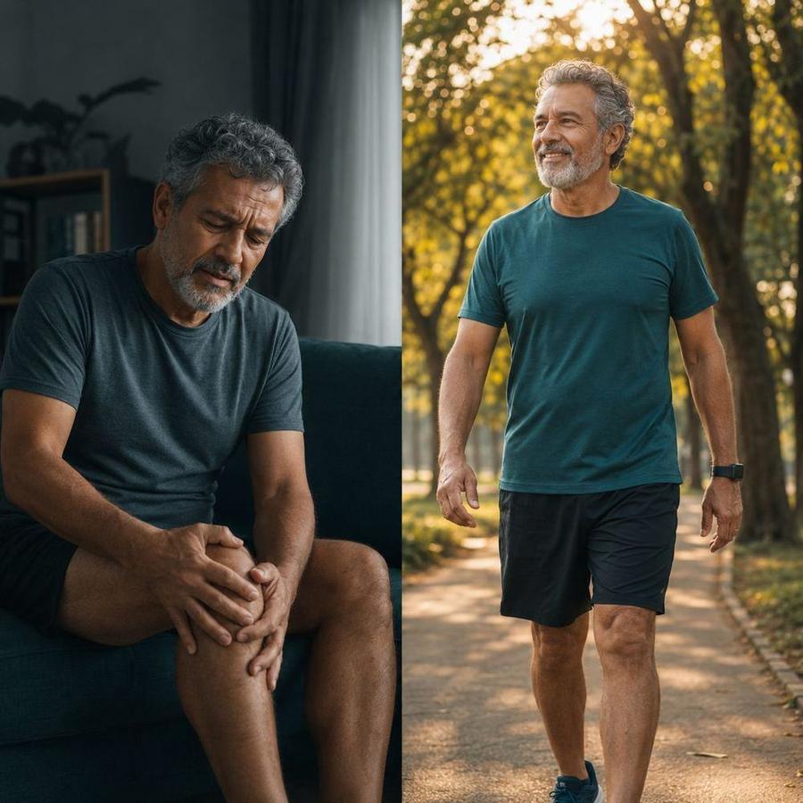 Antes: homem no sofá massageando o joelho. Depois: o mesmo homem caminhando leve no parque.