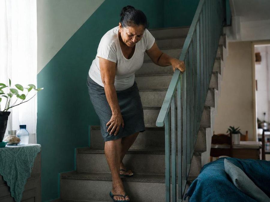 Mulher parada na escada de casa, com a mão no joelho